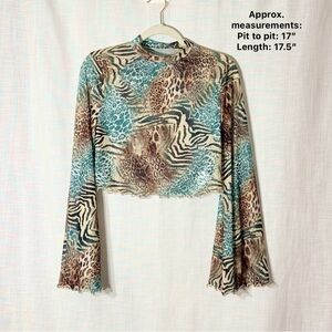 Y2K Safaricore Mesh Crop Top Leopard Zebra Print Long Sleeve Teal Brown 0XL